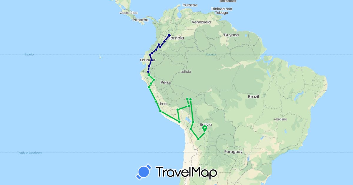 TravelMap itinerary: driving, bus in Bolivia, Brazil, Colombia, Ecuador, Peru (South America)